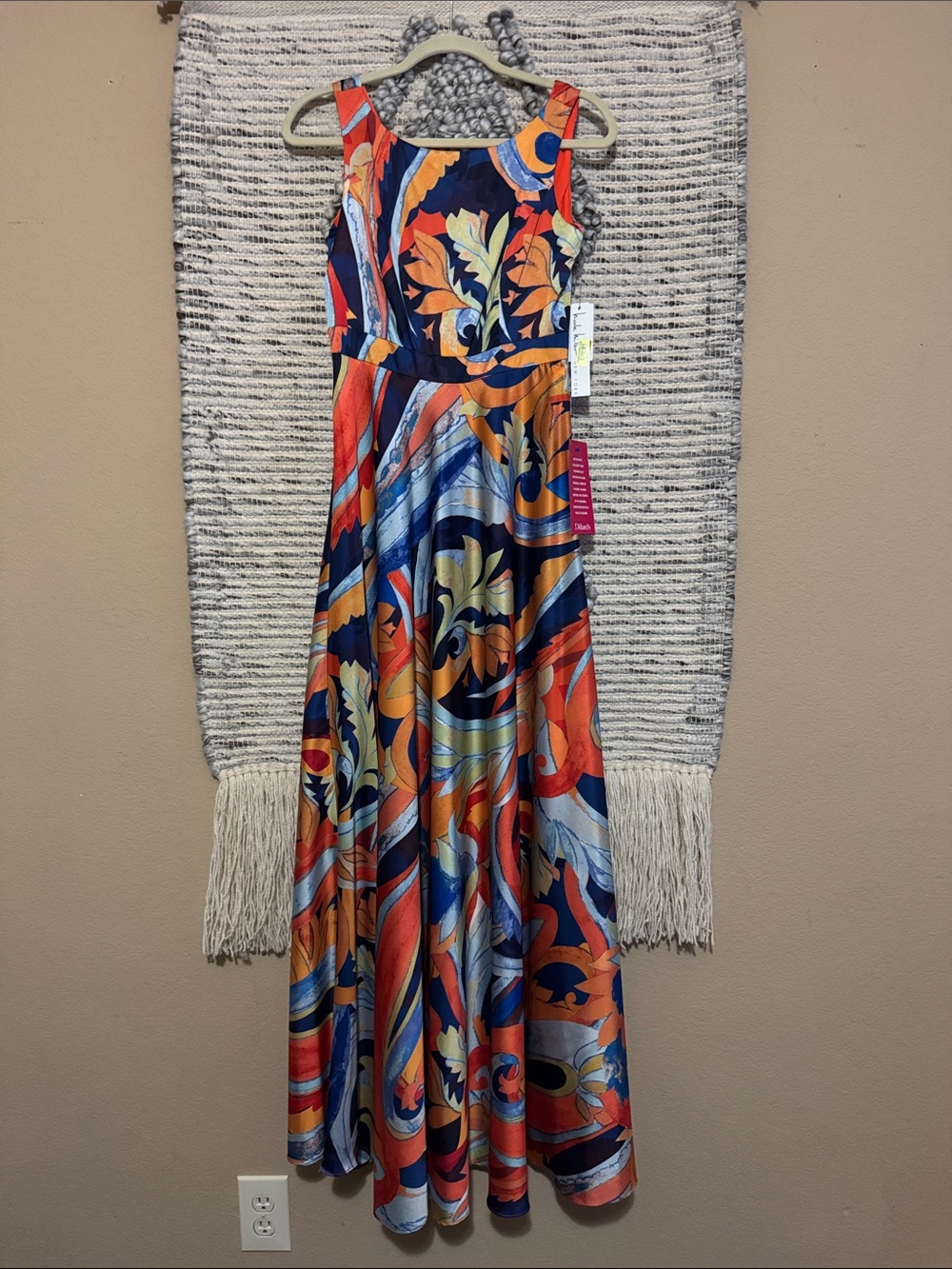 Vibrant Navy & Orange Printed Nicole Miller Maxi Dress